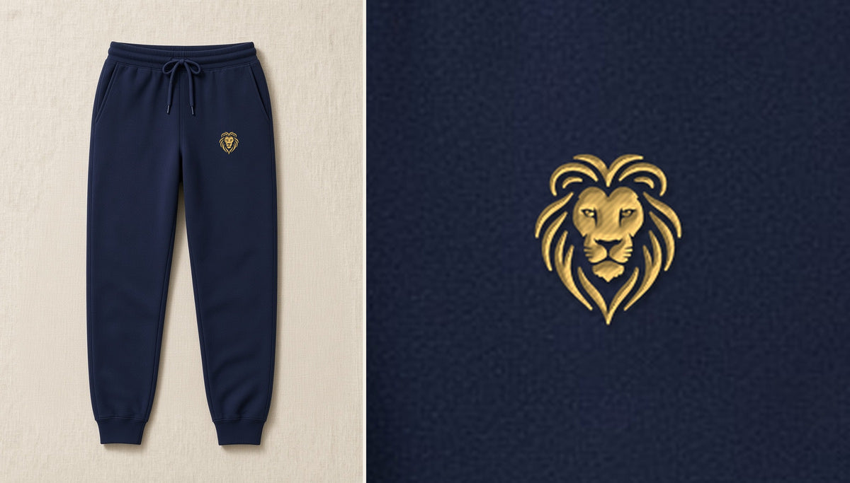 East Crest Heritage Sweatpant in Navy Blazer with gold EC-1 lion embroidered on the left thigh, full view and close-up