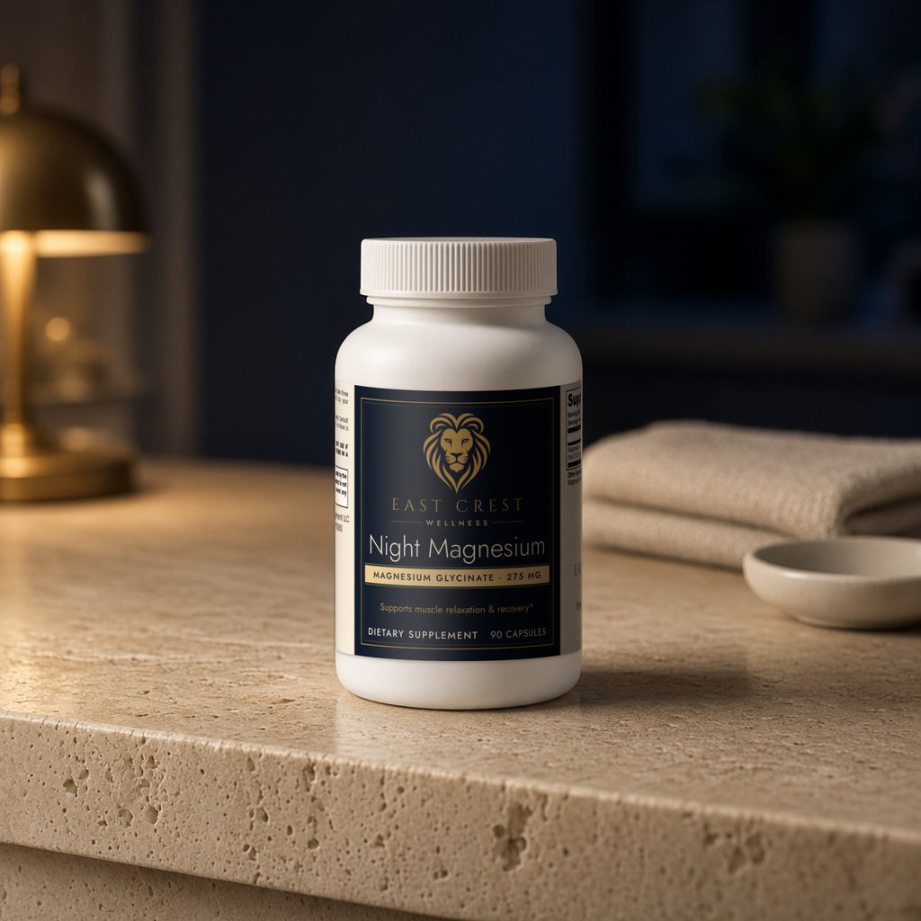 East Crest Wellness Night Magnesium bottle on a stone counter