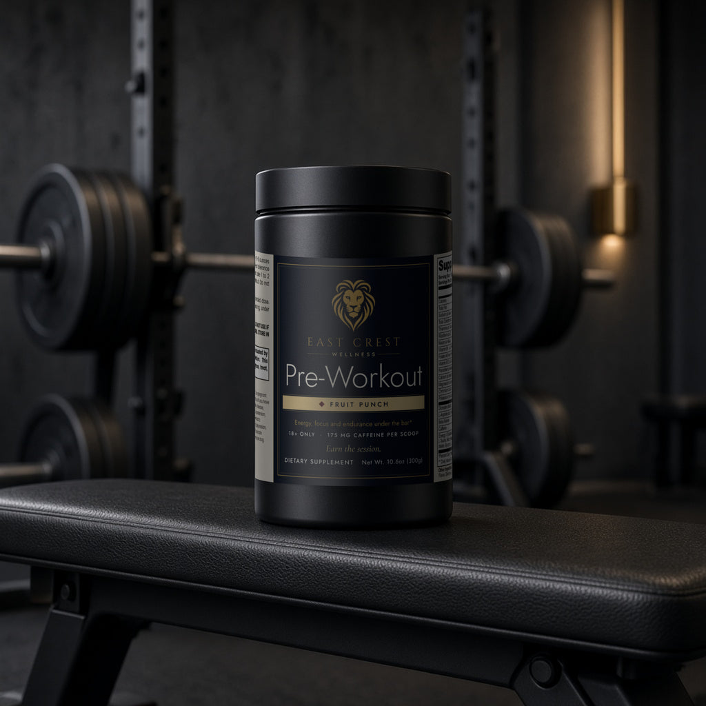 East Crest Wellness Pre-Workout tub on a gym bench