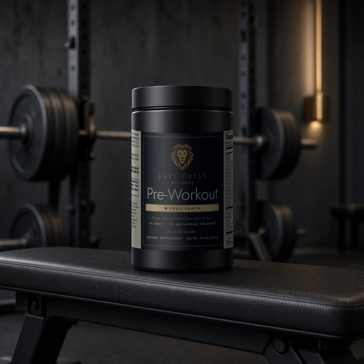 East Crest Wellness Pre-Workout tub on a gym bench