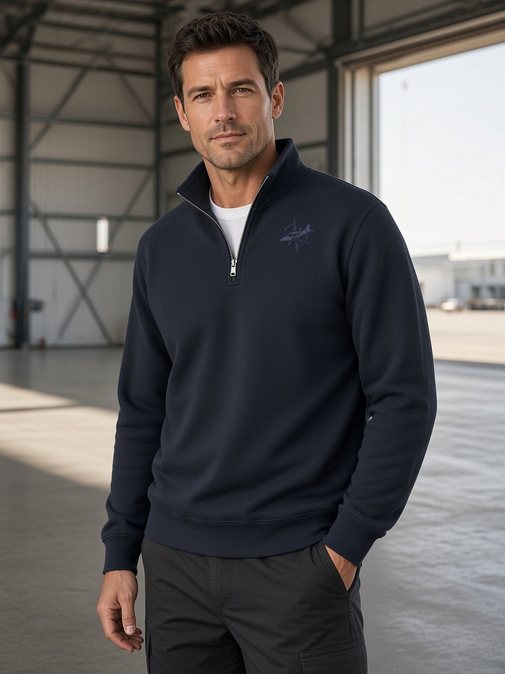 East Hangar Tonal Star Quarter-Zip, navy, on model