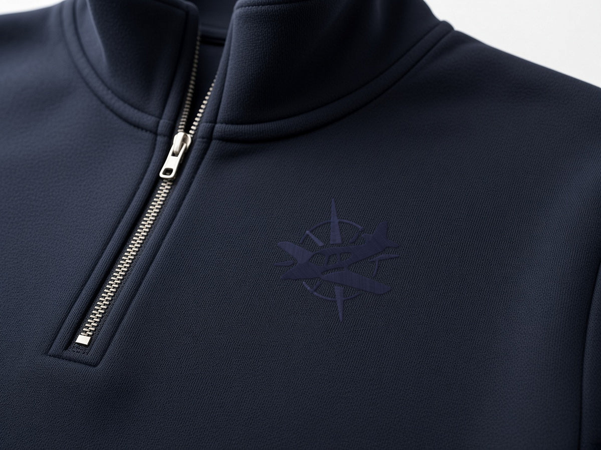 Tonal navy compass star embroidery, left chest