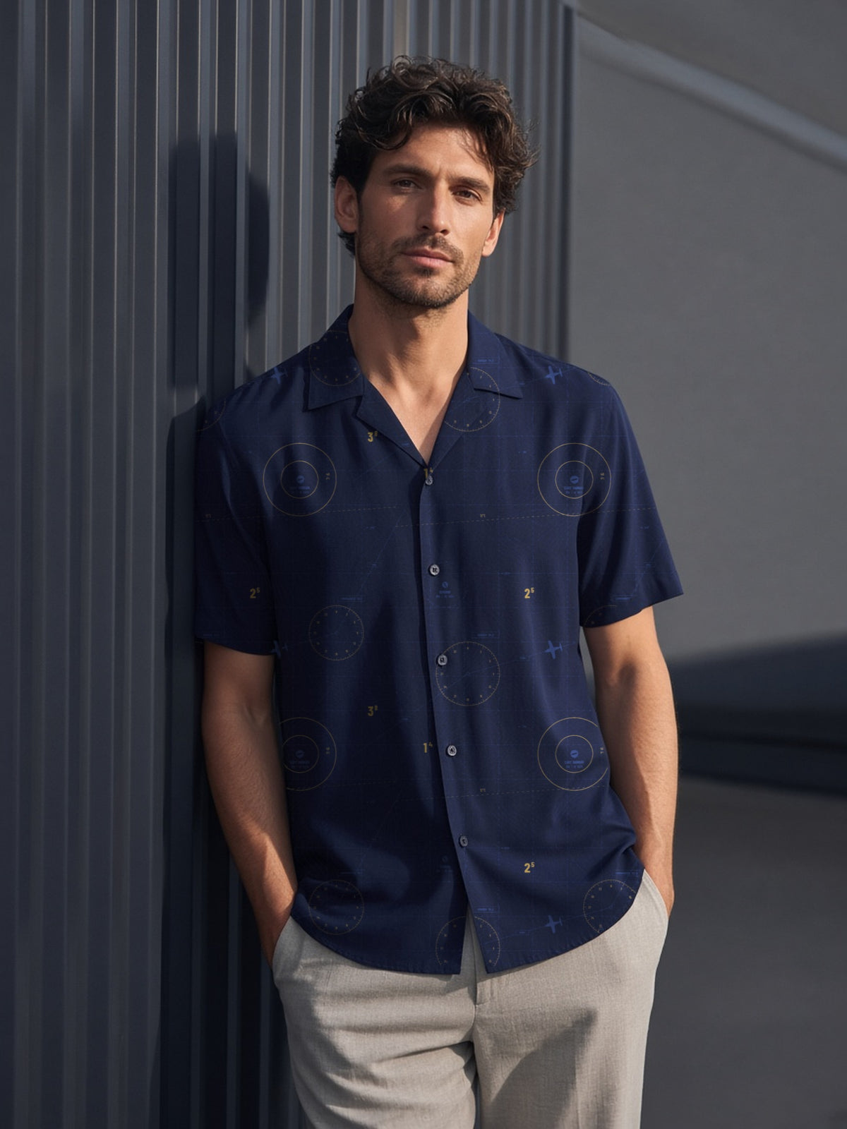 East Hangar Sectional Camp Shirt, navy tonal sectional chart print