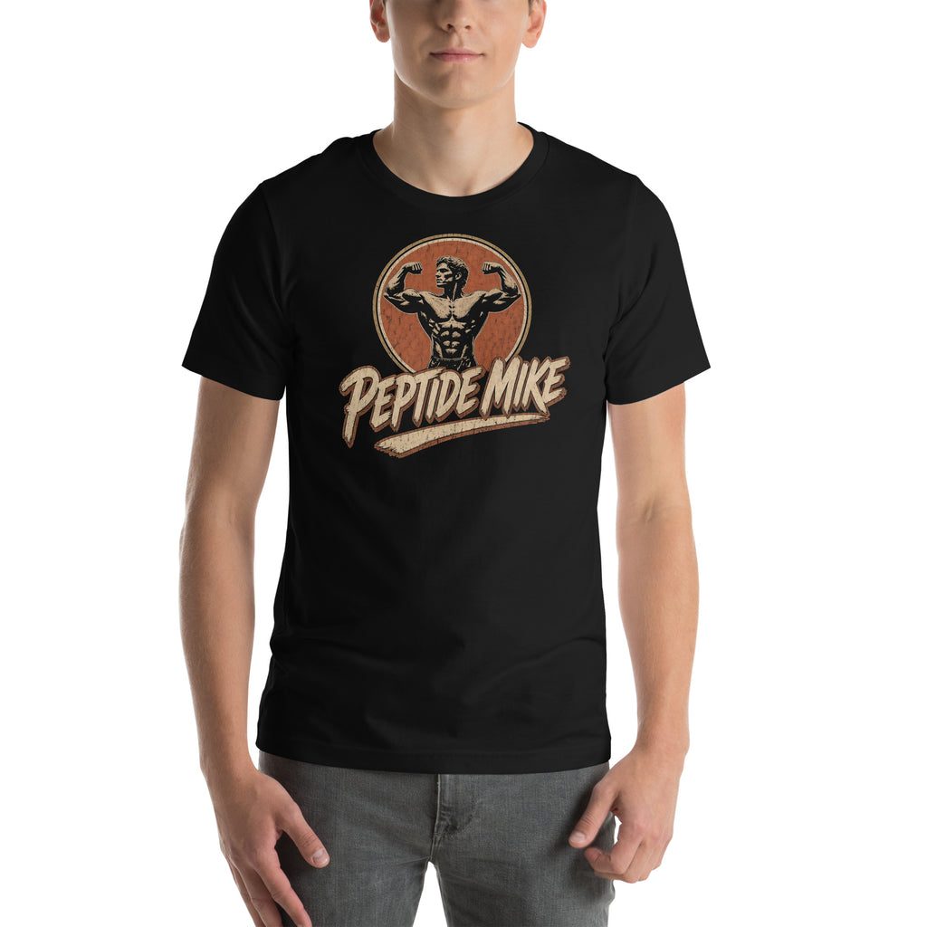 Peptide Mike Tee – Vintage Gym Badge, Black, front