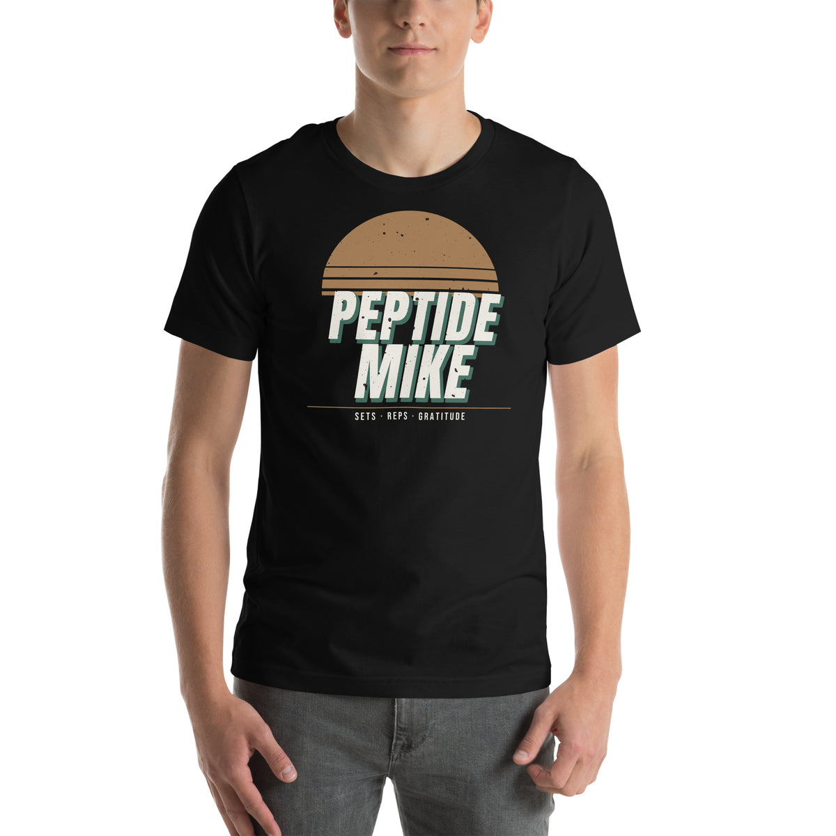 Peptide Mike Tee – 80s Gym Poster, Black, front