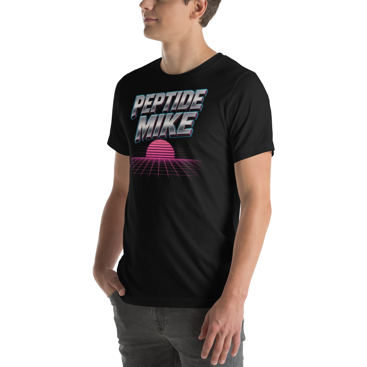 Peptide Mike Tee – 80s Neon, Black, left front
