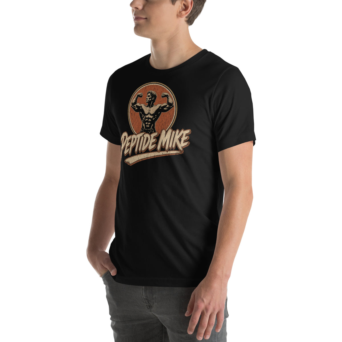 Peptide Mike Tee – Vintage Gym Badge, Black, left front