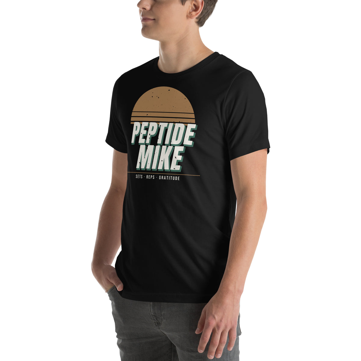 Peptide Mike Tee – 80s Gym Poster, Black, left front