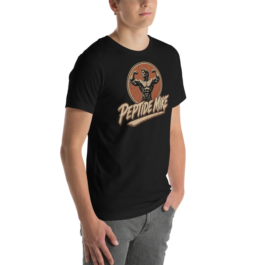 Peptide Mike Tee – Vintage Gym Badge, Black, right front
