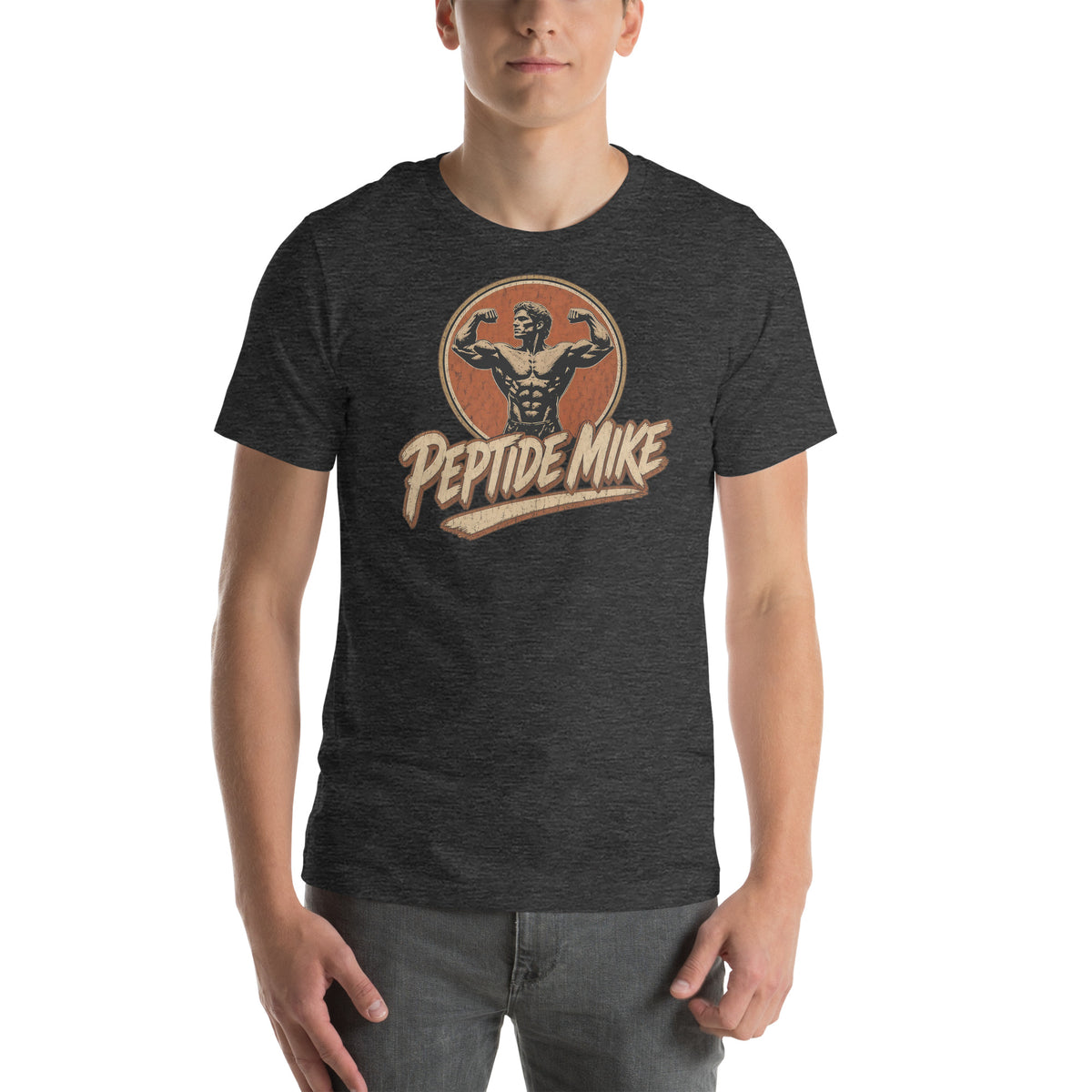 Peptide Mike Tee – Vintage Gym Badge, Dark Grey Heather, front