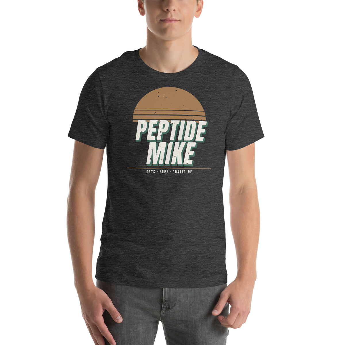 Peptide Mike Tee – 80s Gym Poster, Dark Grey Heather, front