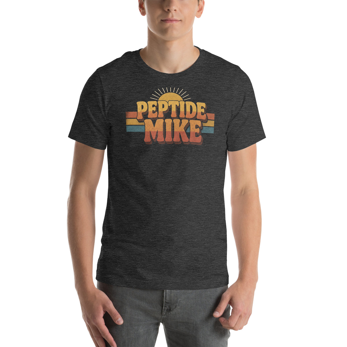 Peptide Mike Tee – 70s Sunset, Dark Grey Heather, front