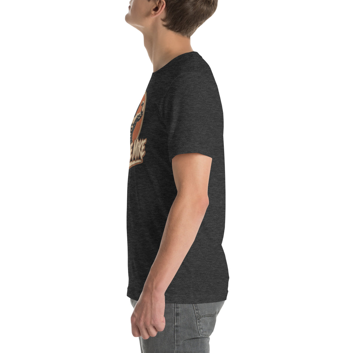 Peptide Mike Tee – Vintage Gym Badge, Dark Grey Heather, left