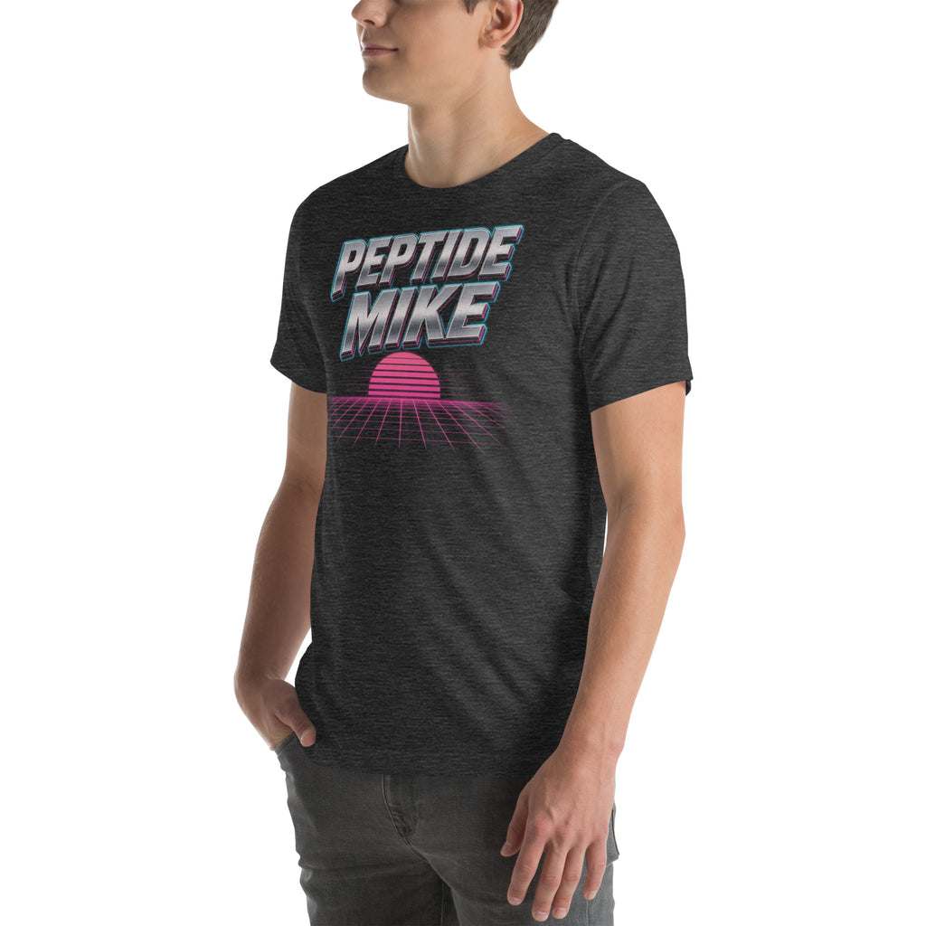 Peptide Mike Tee – 80s Neon, Dark Grey Heather, left front
