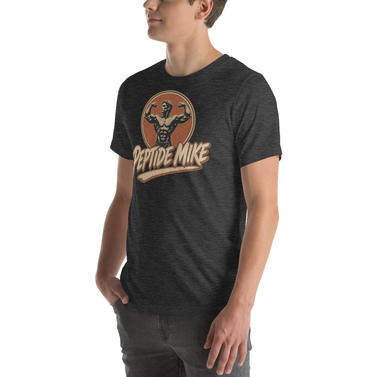 Peptide Mike Tee – Vintage Gym Badge, Dark Grey Heather, left front