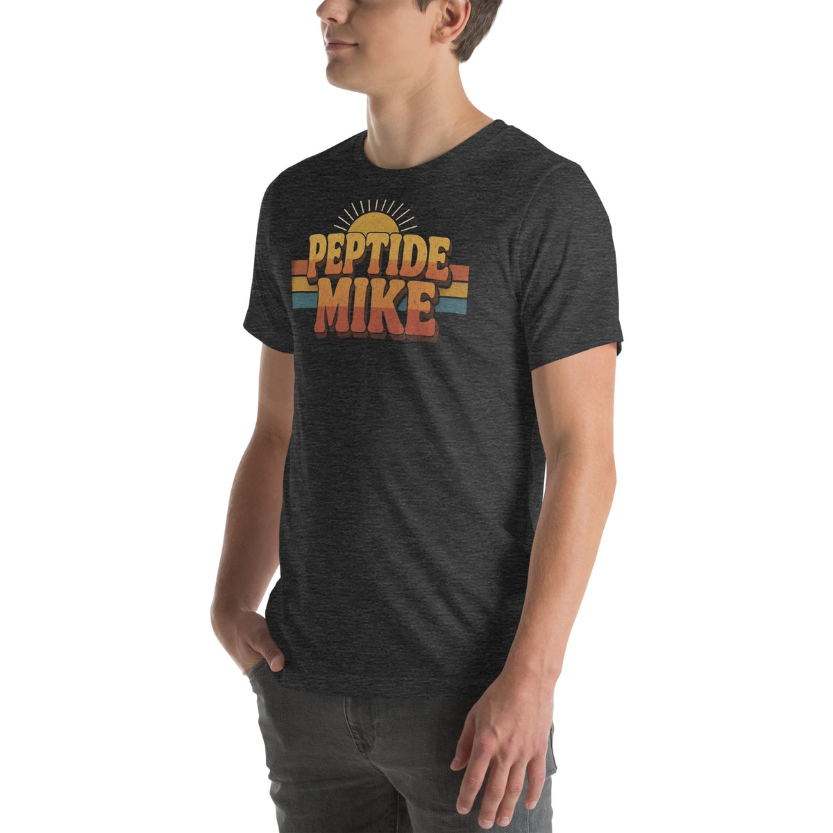 Peptide Mike Tee – 70s Sunset, Dark Grey Heather, left front