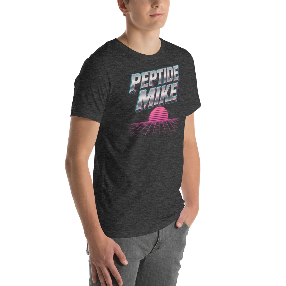 Peptide Mike Tee – 80s Neon, Dark Grey Heather, right front
