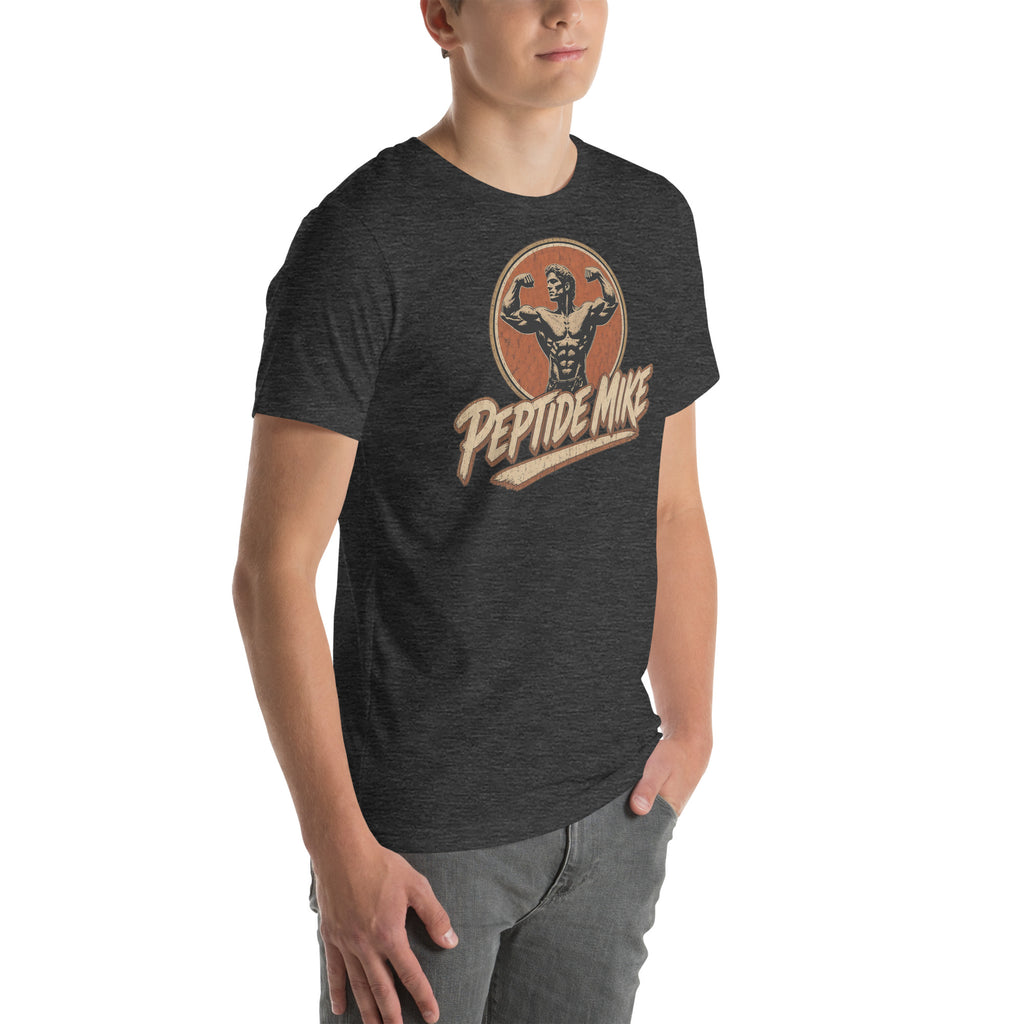 Peptide Mike Tee – Vintage Gym Badge, Dark Grey Heather, right front