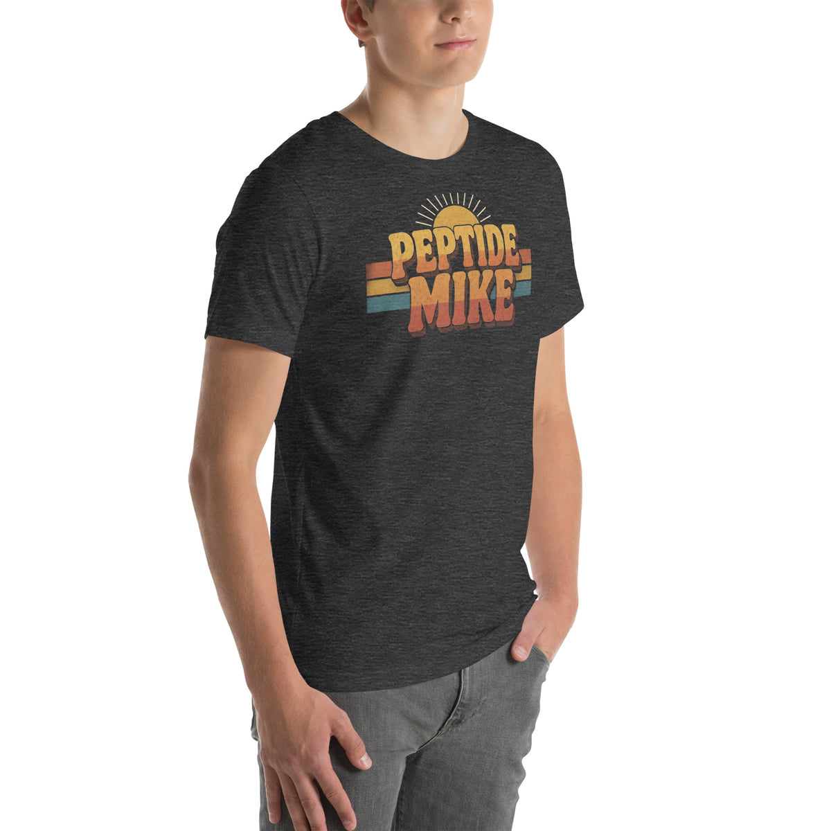 Peptide Mike Tee – 70s Sunset, Dark Grey Heather, right front