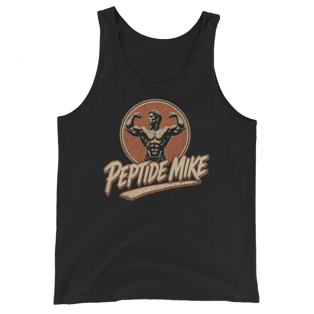 Peptide Mike Tank – Vintage Gym Badge, Black, front